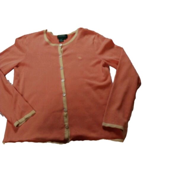 Women's Ralph Lauren Green Label Cardigan Peach Yellow Accents Size Large - Picture 3 of 13